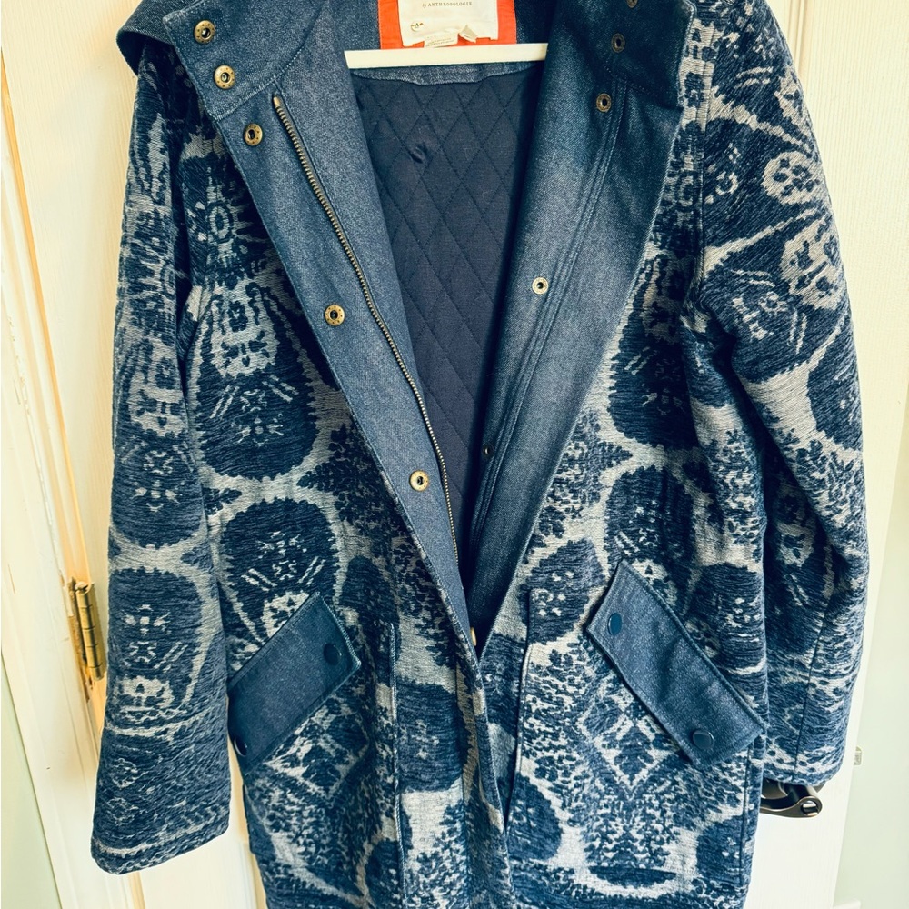 🔥ANTHROPOLOGIE FLORAL MIXED DENIM BLUE COAT JACKET - BEAUTIFUL 🔥